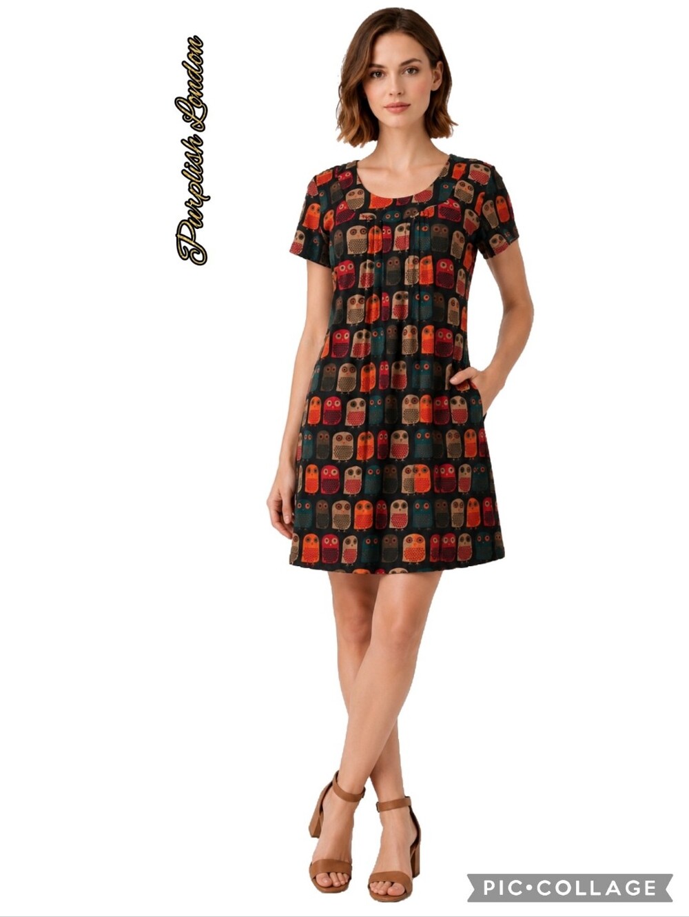 Purplish London-graphic owl print colorful short sleeve flair cotton dress